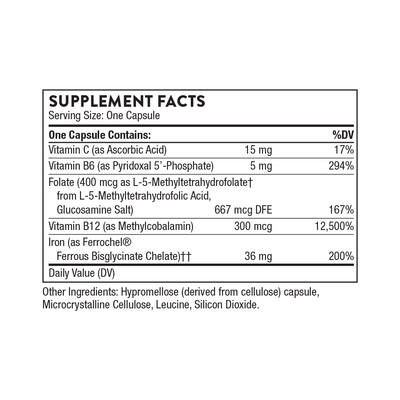 Thorne Advanced Iron Complex 60 Capsules bottle back showing supplement facts and other ingredient list.