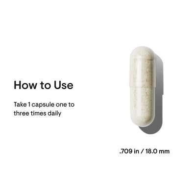 Thorne Advanced Iron Complex capsule close-up with dosage text and capsule length of 0.709 in (18.0 mm) on white background