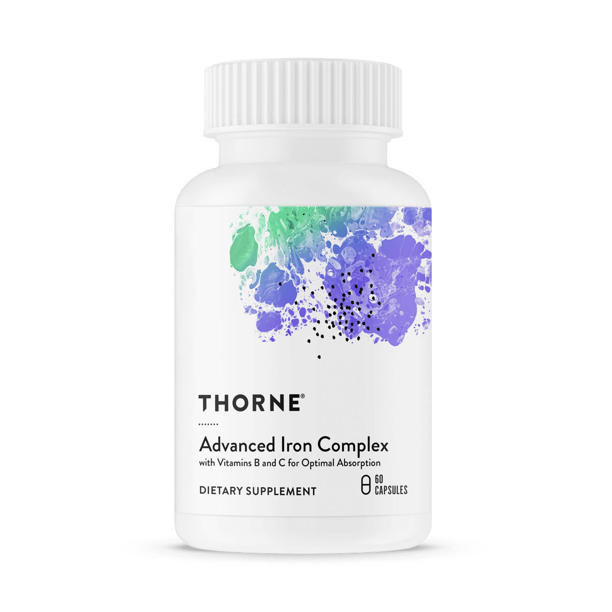 Thorne Advanced Iron Complex 60 capsules bottle front, white label with green and purple abstract design