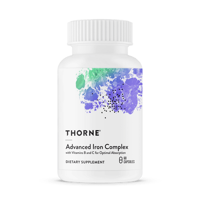 Thorne Advanced Iron Complex 60 capsules bottle front, white label with green and purple abstract design