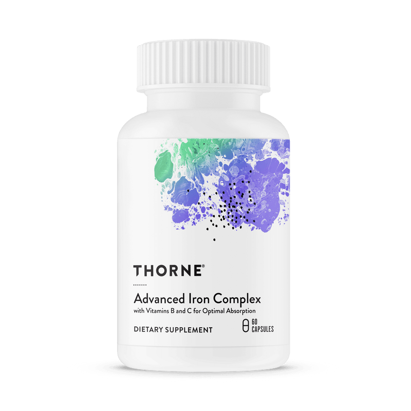 Thorne Advanced Iron Complex 60 capsules bottle front, white label with green and purple abstract design