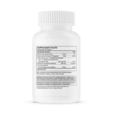 Thorne Advanced Iron Complex 60 Capsules bottle back showing supplement facts and ingredient label on white plastic packaging