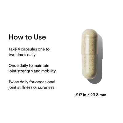 Thorne Join Support Nutrients capsule close-up with usage directions and size (.917 in / 23.3 mm) on white background