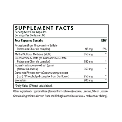 Thorne Joint Support Nutrients 240 Capsules supplement facts label listing active ingredients and amounts