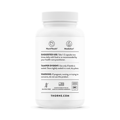 Thorne Berberine 60 Capsules bottle back showing usage directions, heart and metabolism icons, and gluten-free and NSF labels