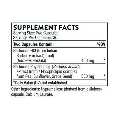 Thorne Berberine 60 Capsules supplement facts label showing berberine HCl and berberine phytosome amounts per serving