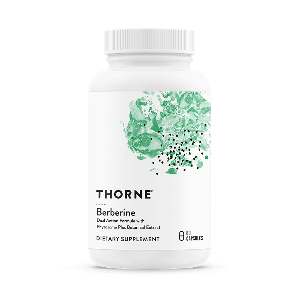 Thorne Berberine 60 Capsules bottle front, white container with green abstract design and black text label