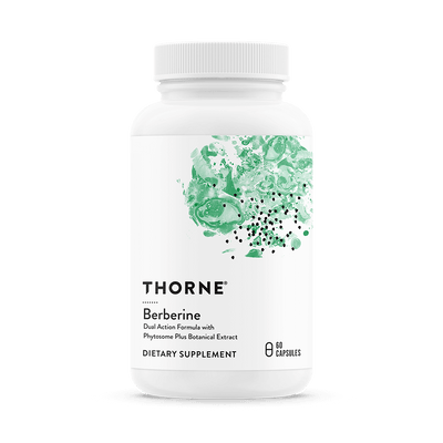 Thorne Berberine 60 Capsules bottle front, white container with green abstract design and black text label