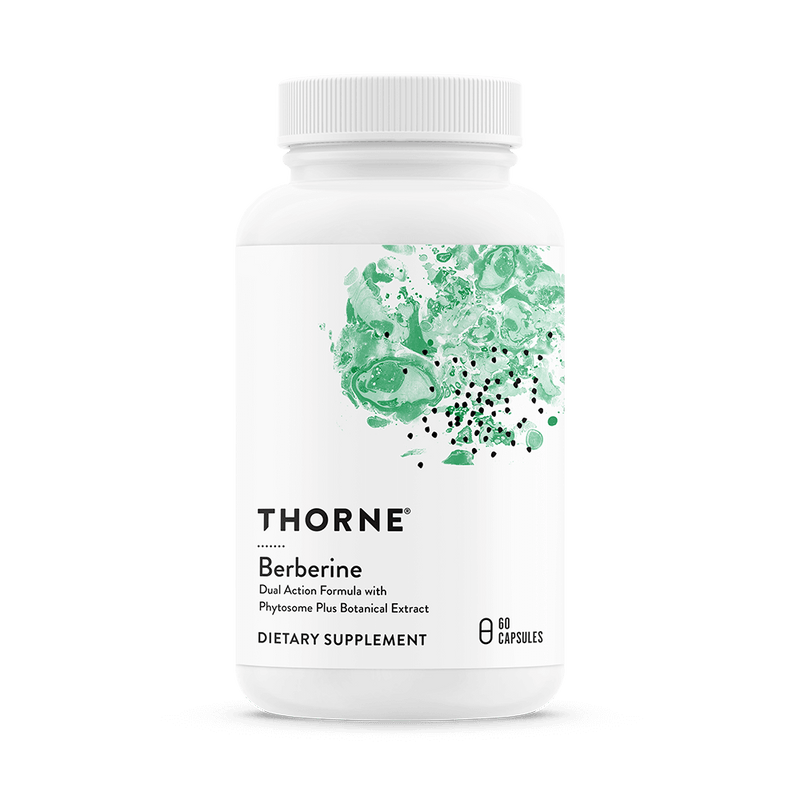 Thorne Berberine 60 Capsules bottle front, white container with green abstract design and black text label