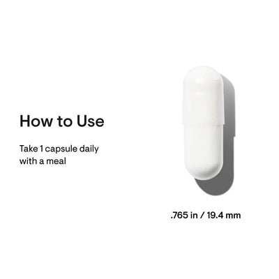 Thorne FloraMend Prime Probiotic single white capsule shown with usage directions and 19.4 mm size measurement.