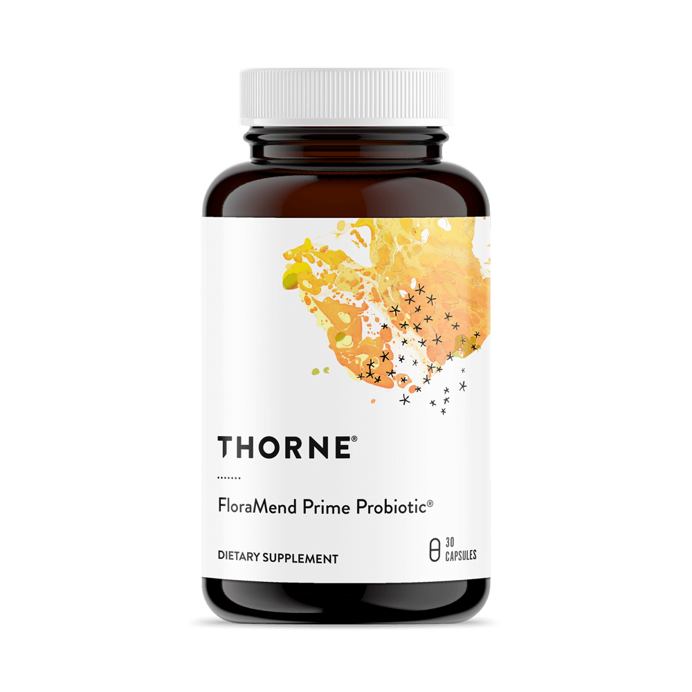 Thorne FloraMend Prime Probiotic 30-capsule bottle, brown with white label and yellow-orange abstract design on front