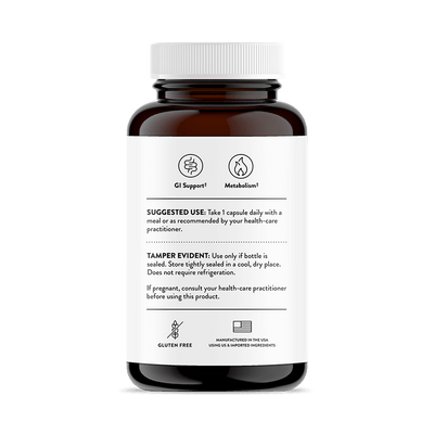 Back label of Thorne FloraMend Prime Probiotic 30-capsule bottle showing GI support, metabolism icons, and usage directions