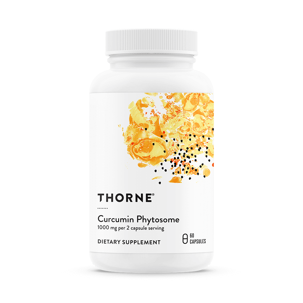 Thorne Curcumin Phytosome 1000 mg, 60 capsules bottle front with white label and yellow-orange abstract design