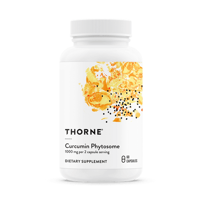 Thorne Curcumin Phytosome 1000 mg, 60 capsules bottle front with white label and yellow-orange abstract design