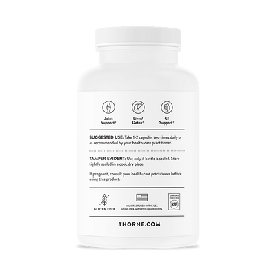 Back of Thorne Curcumin Phytosome 120-capsule bottle showing usage directions, support icons, gluten-free and NSF certification.