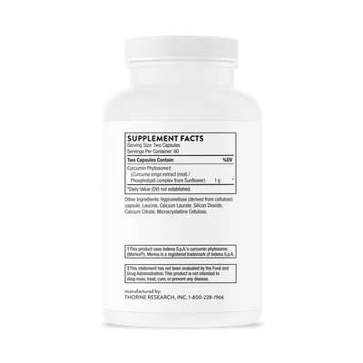 Thorne Curcumin Phytosome 120-capsule bottle back showing supplement facts and ingredient label details