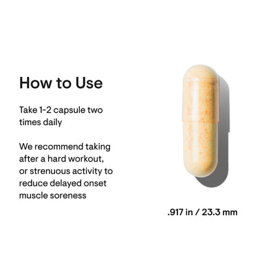 Thorne Curcumin Phytosome capsule close-up with dosage instructions and capsule size (0.917 in / 23.3 mm) displayed.