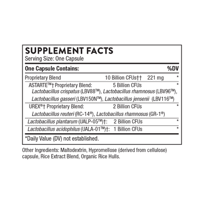 Thorne Women's Daily Probiotic 30 Capsules supplement facts label listing probiotic strains and CFU amounts