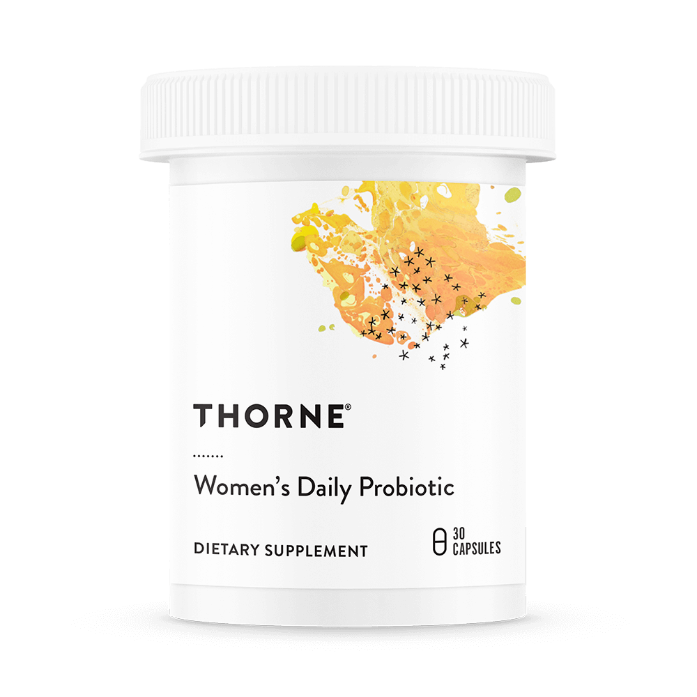 Thorne Women’s Daily Probiotic 30 capsules bottle front with white label and yellow-orange abstract design