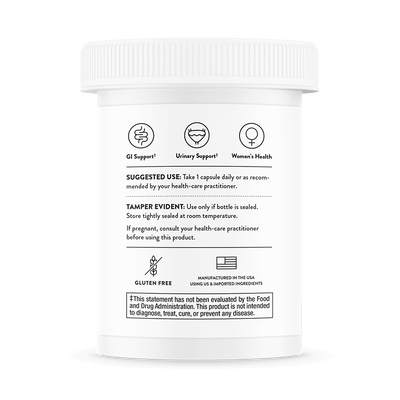 Thorne Women’s Daily Probiotic 30 capsules bottle back showing usage directions, benefits icons, and gluten-free label