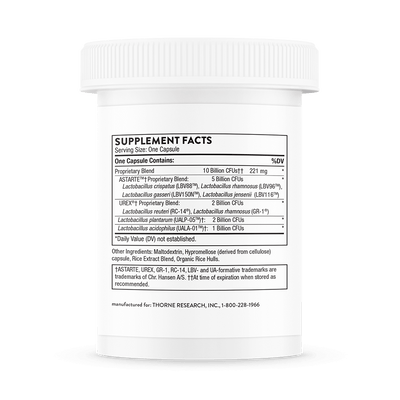 Thorne Women’s Daily Probiotic 30 Capsules bottle back showing supplement facts and ingredient list on white label