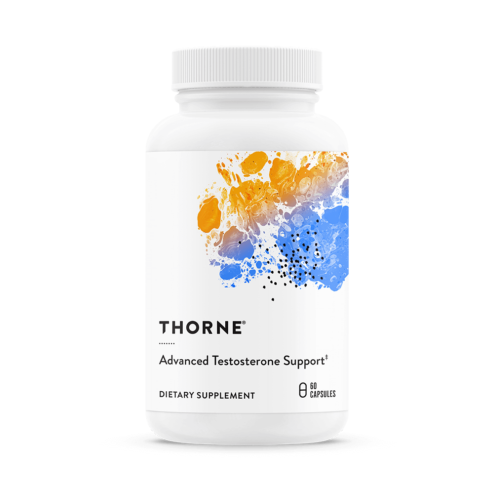 Thorne Advanced Testosterone Support 60 capsules bottle front with white label and blue-orange abstract design