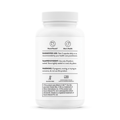 Thorne Advanced Testosterone Support 60-capsule bottle back label showing usage directions, warnings, and gluten-free icon.