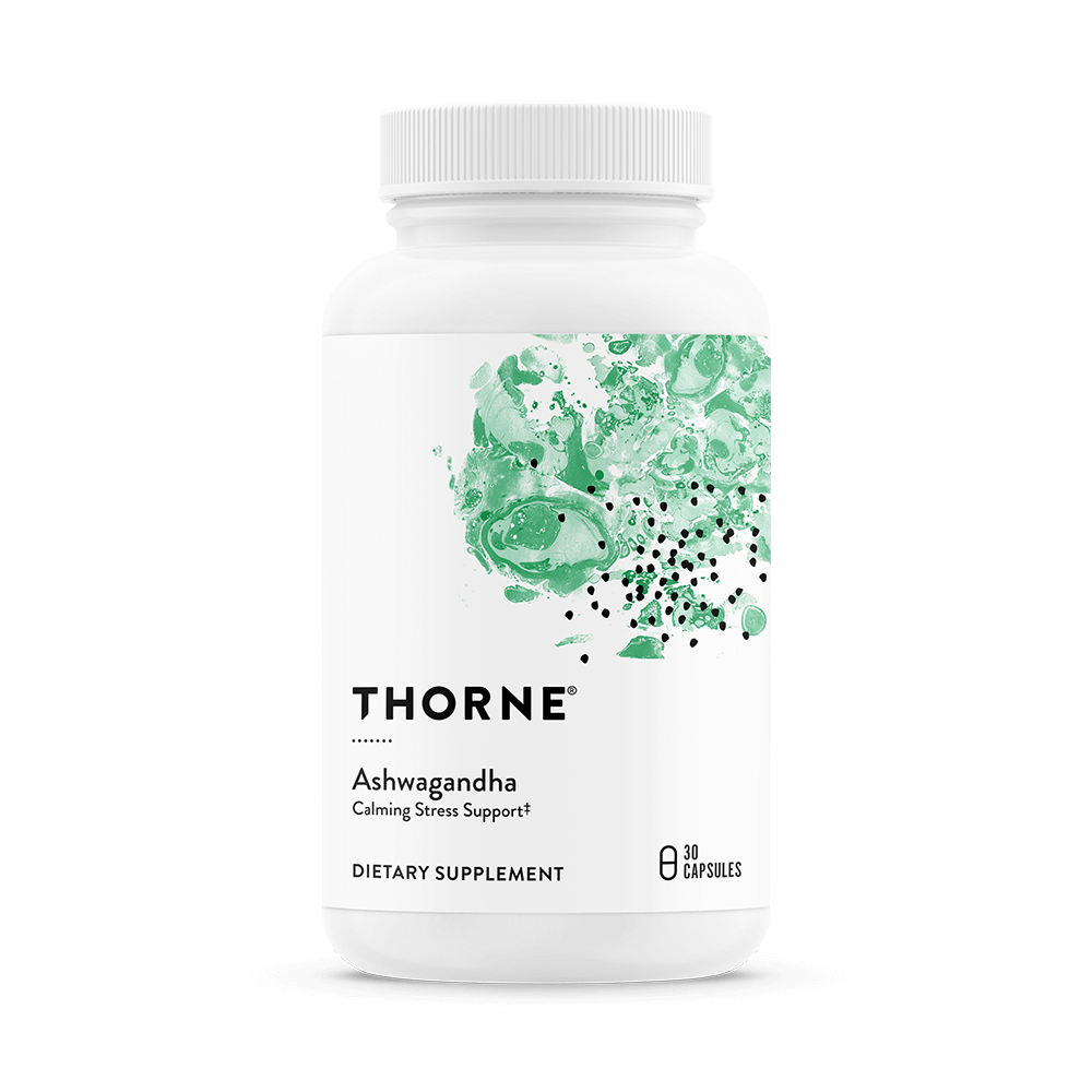 Thorne Ashwagandha 30 Capsules bottle front with white label and green abstract design