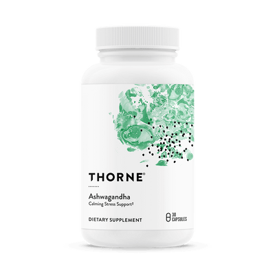Thorne Ashwagandha 30 Capsules bottle front with white label and green abstract design