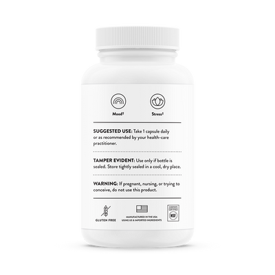 Back of Thorne Ashwagandha 30-capsule bottle showing usage directions, mood and stress icons, and safety warnings.