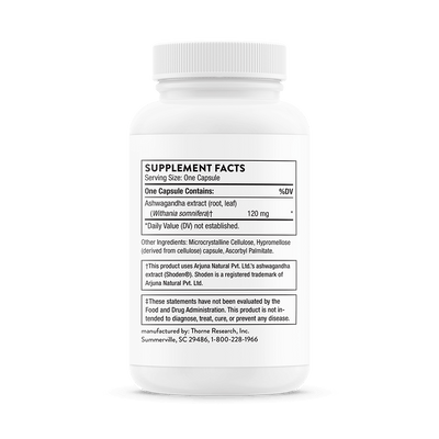 Back of Thorne Ashwagandha 30 capsules bottle showing supplement facts, ingredients, and manufacturer details.