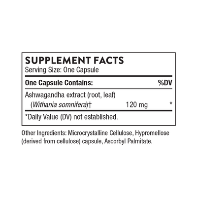 Thorne Ashwagandha 30 Capsules supplement facts label showing 120 mg ashwagandha extract per capsule and other ingredients