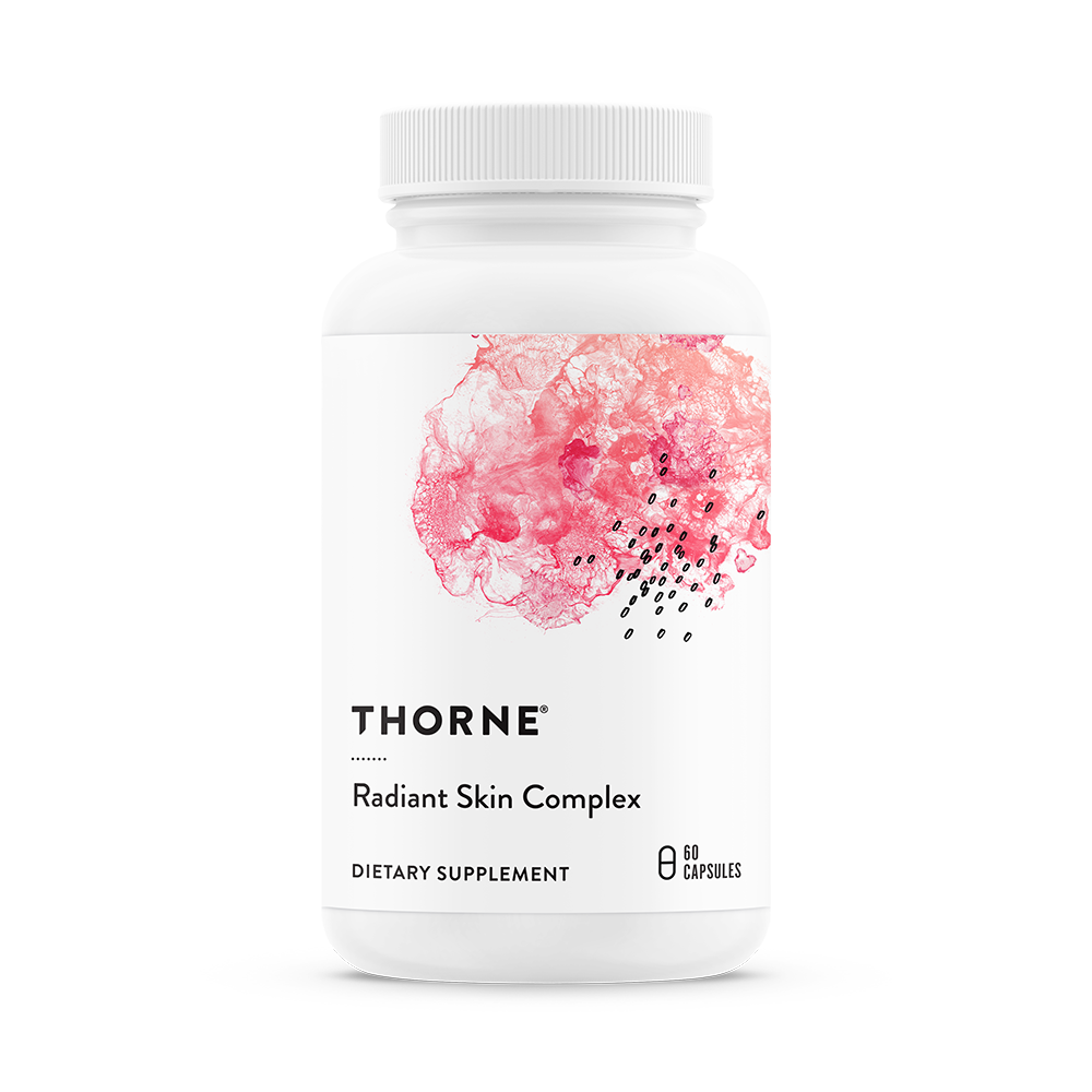Thorne Radiant Skin Complex 60 Capsules bottle front with white label and pink abstract design