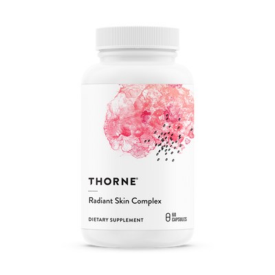 Thorne Radiant Skin Complex 60 Capsules bottle front with white label and pink abstract design