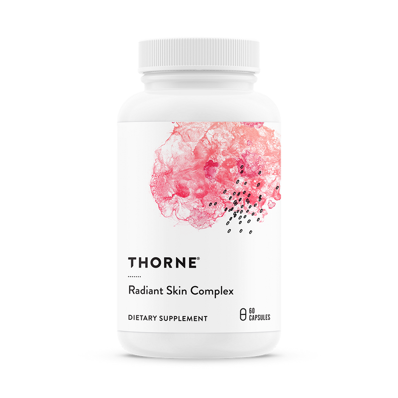 Thorne Radiant Skin Complex 60 Capsules bottle front with white label and pink abstract design