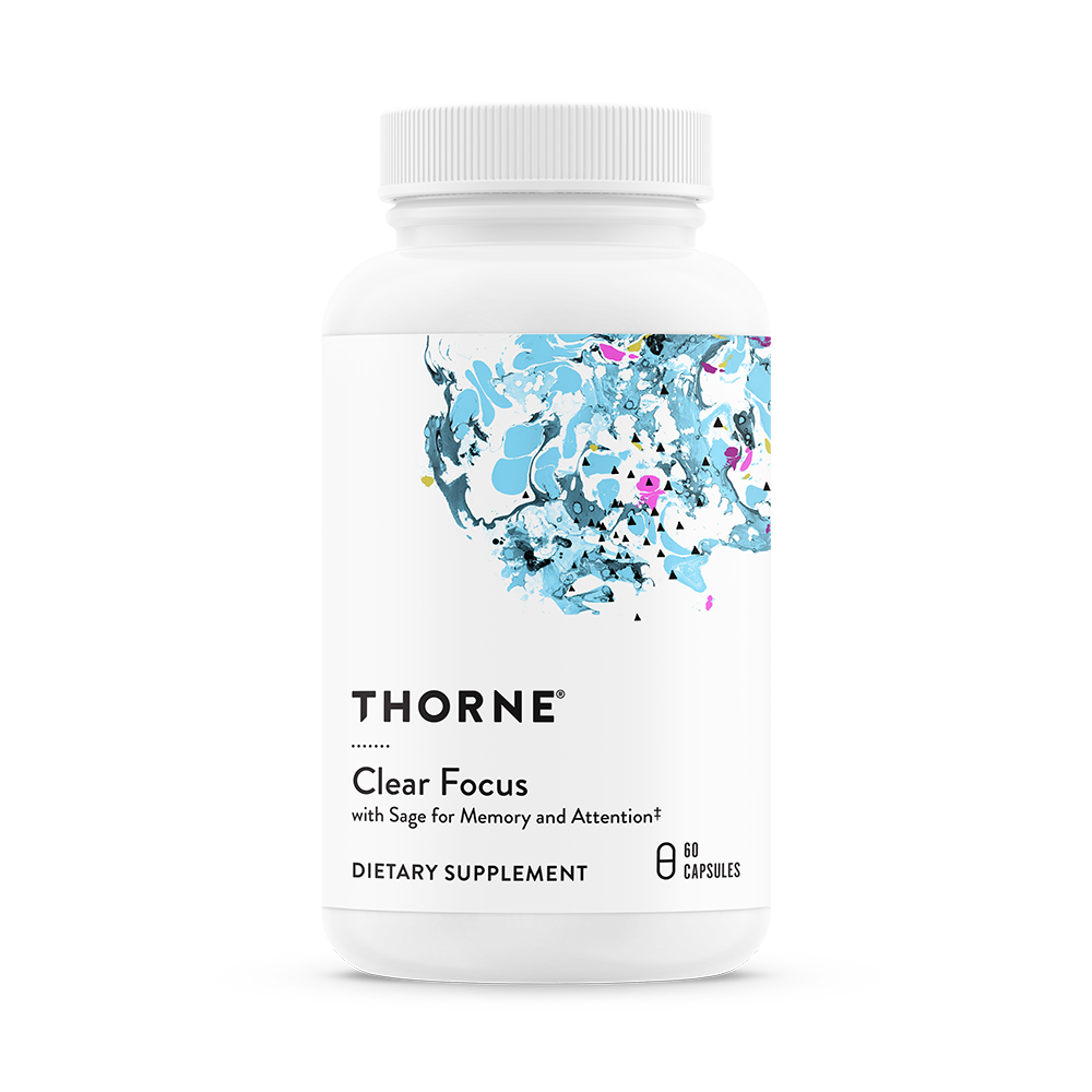 Thorne Clear Focus 60 capsules bottle front, white container with blue abstract artwork and black text label.