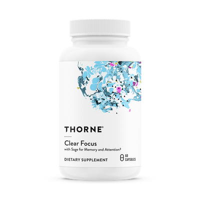 Thorne Clear Focus 60 capsules bottle front, white container with blue abstract artwork and black text label.