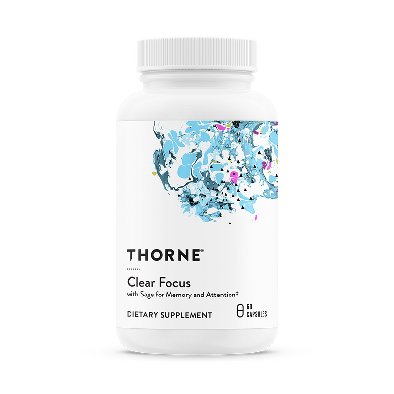 Thorne Clear Focus 60 capsules bottle front, white container with blue abstract artwork and black text label.