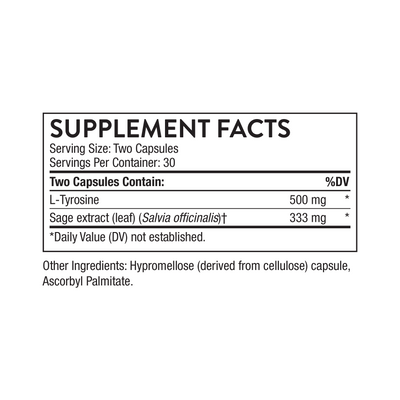 Thorne Clear Focus 60 capsules supplement facts panel showing L-Tyrosine 500 mg and sage leaf extract 333 mg per two-capsule serving