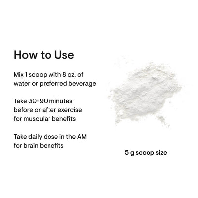 Thorne Creatine 90 servings usage instructions with white creatine powder and 5 g scoop size text on a white background