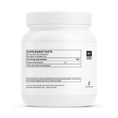 Thorne Creatine 90 Servings white tub showing supplement facts label, NSF Certified Sport and gluten free icons