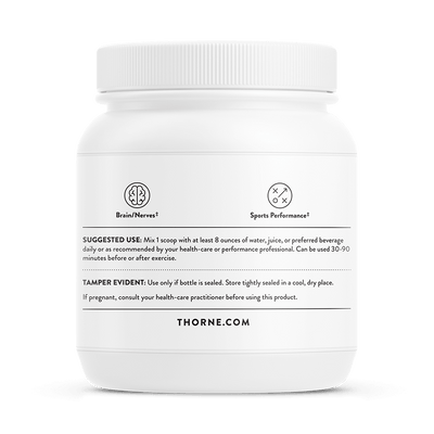 Thorne Creatine 90 Servings white tub, back label showing suggested use, tamper notice, and brain/sports performance icons