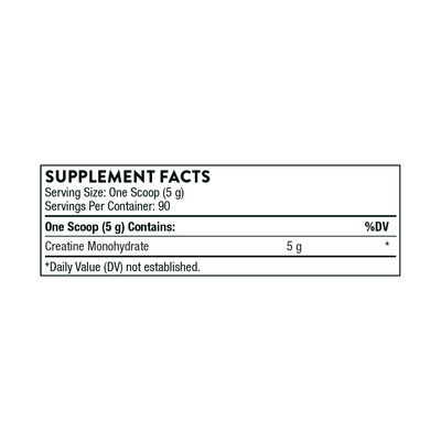 Thorne Creatine 90 Servings supplement facts panel showing 5 g creatine monohydrate per scoop