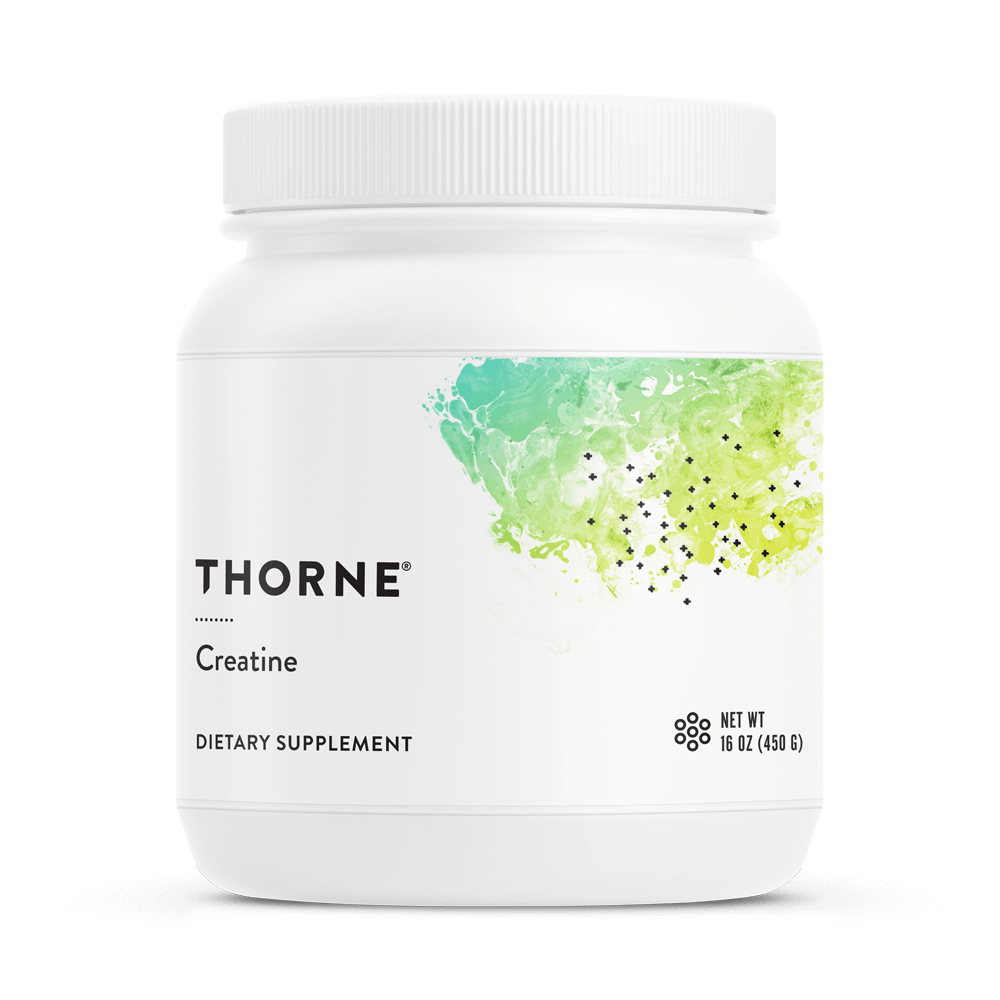 Thorne Creatine 90 servings white tub, front label with green abstract design and black text