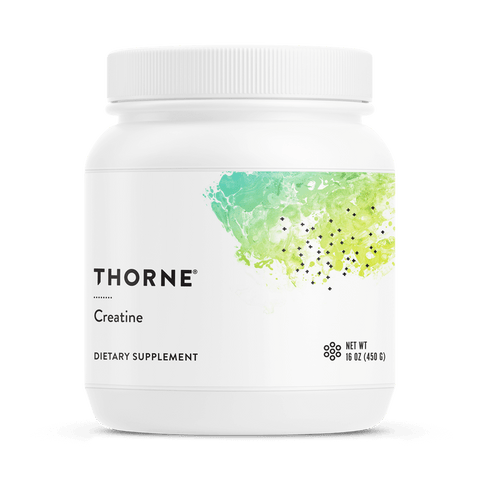 Thorne Creatine 90 servings white tub, front label with green abstract design and black text