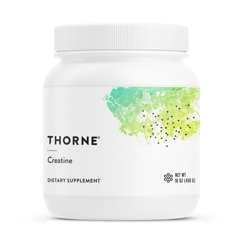 Thorne Creatine 90 servings white tub, front label with green abstract design and black text