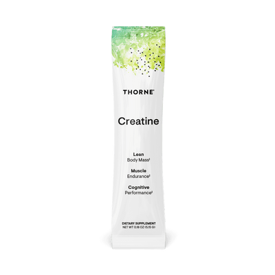 Thorne Creatine Travel Pack single-serve white packet with green design and product benefits text on the front