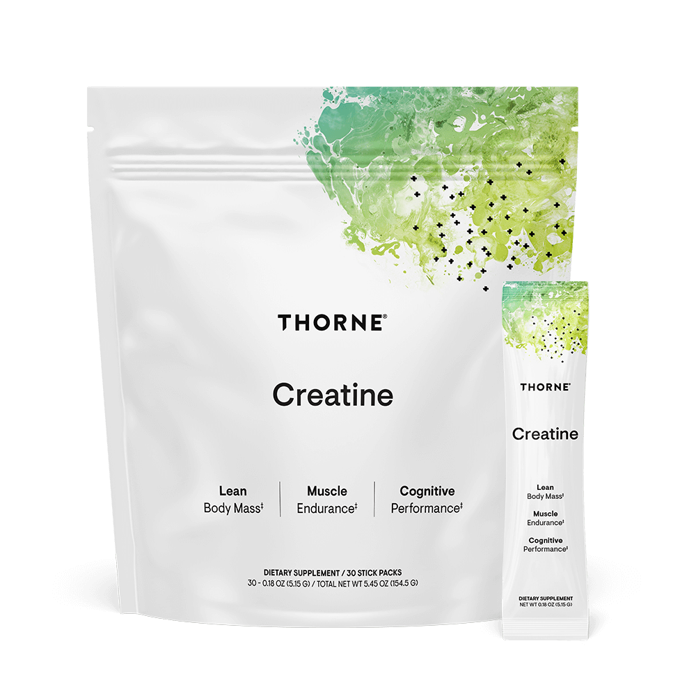 Thorne Creatine Travel Packs 30-count front pouch and single stick, white with green abstract design