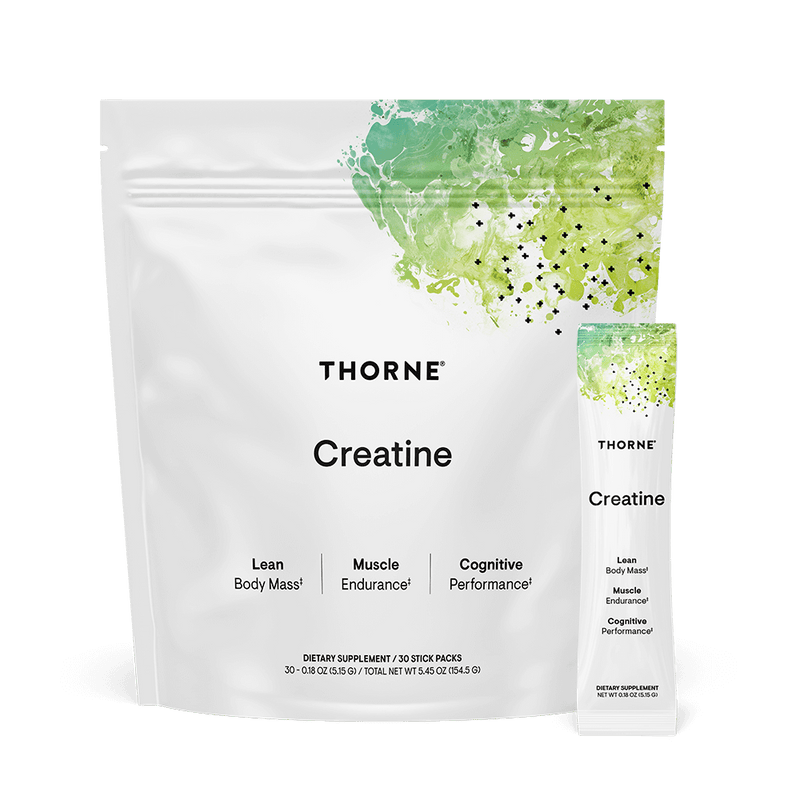 Thorne Creatine Travel Packs 30-count front pouch and single stick, white with green abstract design