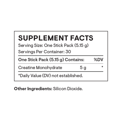 Thorne Creatine Travel Packs supplement facts label showing 5 g creatine monohydrate per stick pack and silicon dioxide ingredient